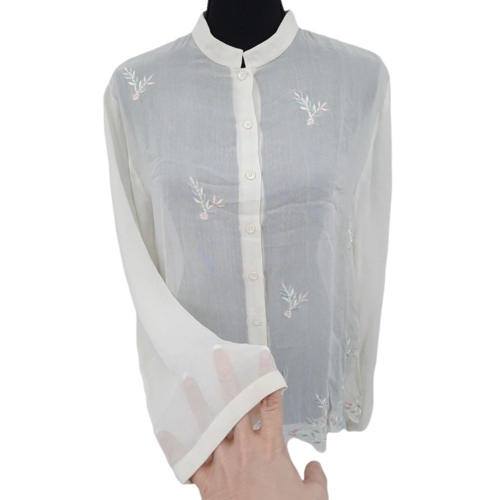 VTG 80s Smithsonian Institution Sheer Chiffon Embroidered Scalloped Hem Blouse M - Picture 2 of 11